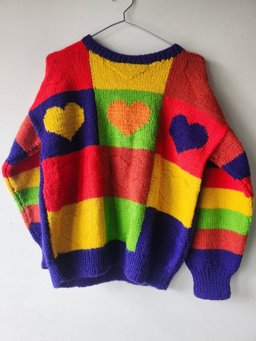 Funky Bright Multicolour Handmade Knit Sweater w Blocks + Hearts